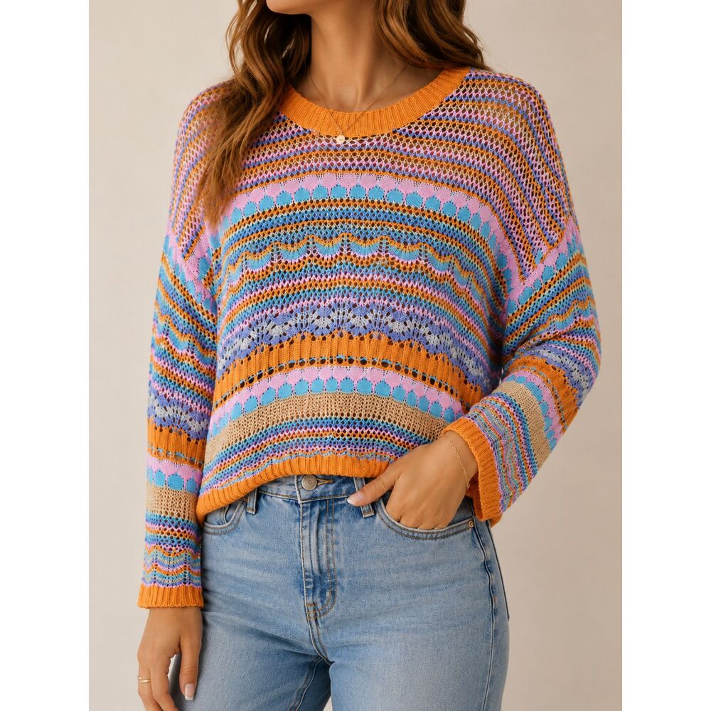 Hand Knit Pastel Open Knit Sweater Oversized Boho Cottagecore L/XL Unique